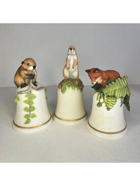 Set Of 3 Fine Porcelain Wildlife Baby Animal Bells By Peter Barrett